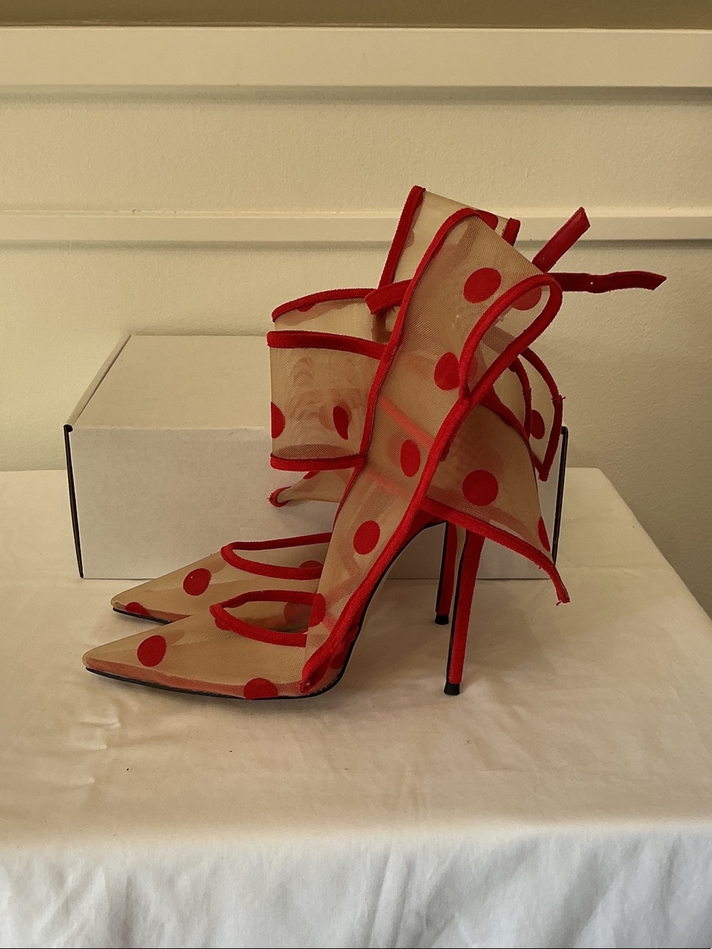 Fendi Red Polka Dot Mesh Pointed-Toe Stiletto Heels - Picture 4 of 4